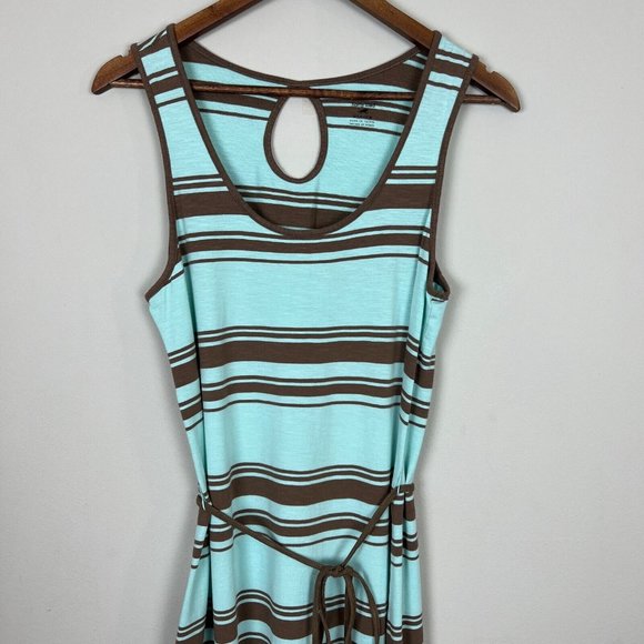 Horny Toad Maxi Dress Medium Mint Brown‎ Striped Belted Sleeveless Summer - Picture 2 of 10